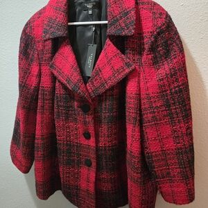 Talbots Jacket Womens 24W Red Black Plaid Wool Blend Tweed Lined Button Coat